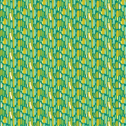 Emerald green fabric with scattered abstract brushstroke shapes in yellow, mint, and teal forming a lively geometric pattern.