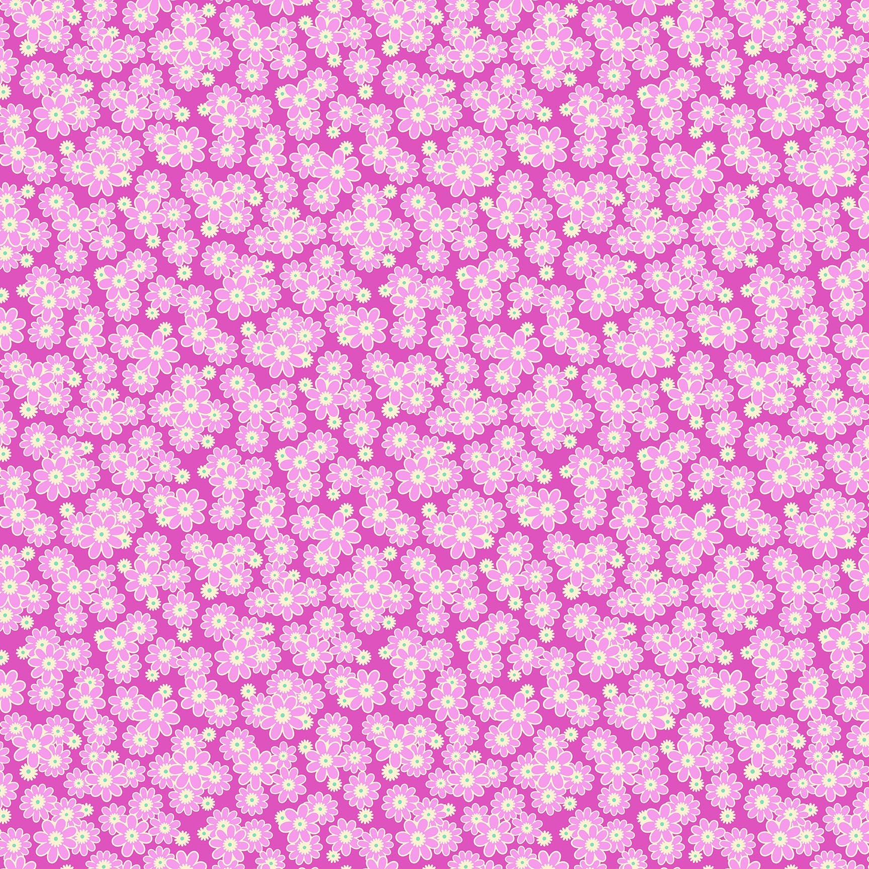 Bright violet fabric with dense clusters of small pink and white daisies featuring yellow centers in a cheerful repeating floral pattern.