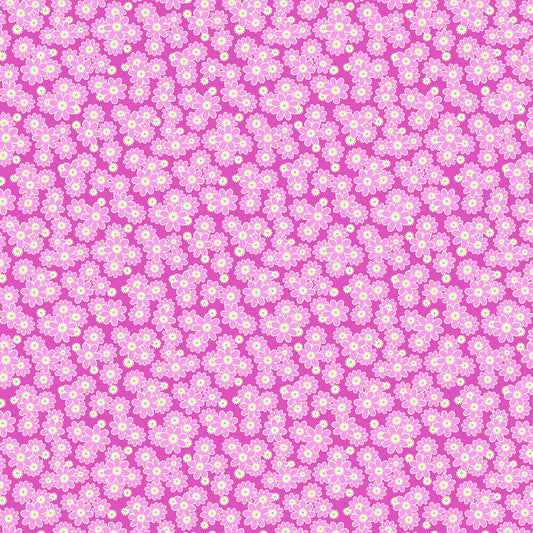 Bright violet fabric with dense clusters of small pink and white daisies featuring yellow centers in a cheerful repeating floral pattern.