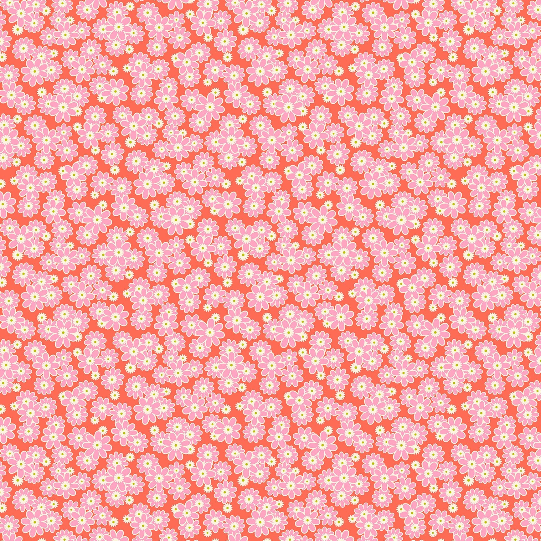 Coral fabric with dense clusters of small pink and white daisies featuring yellow centers in a cheerful repeating floral pattern.