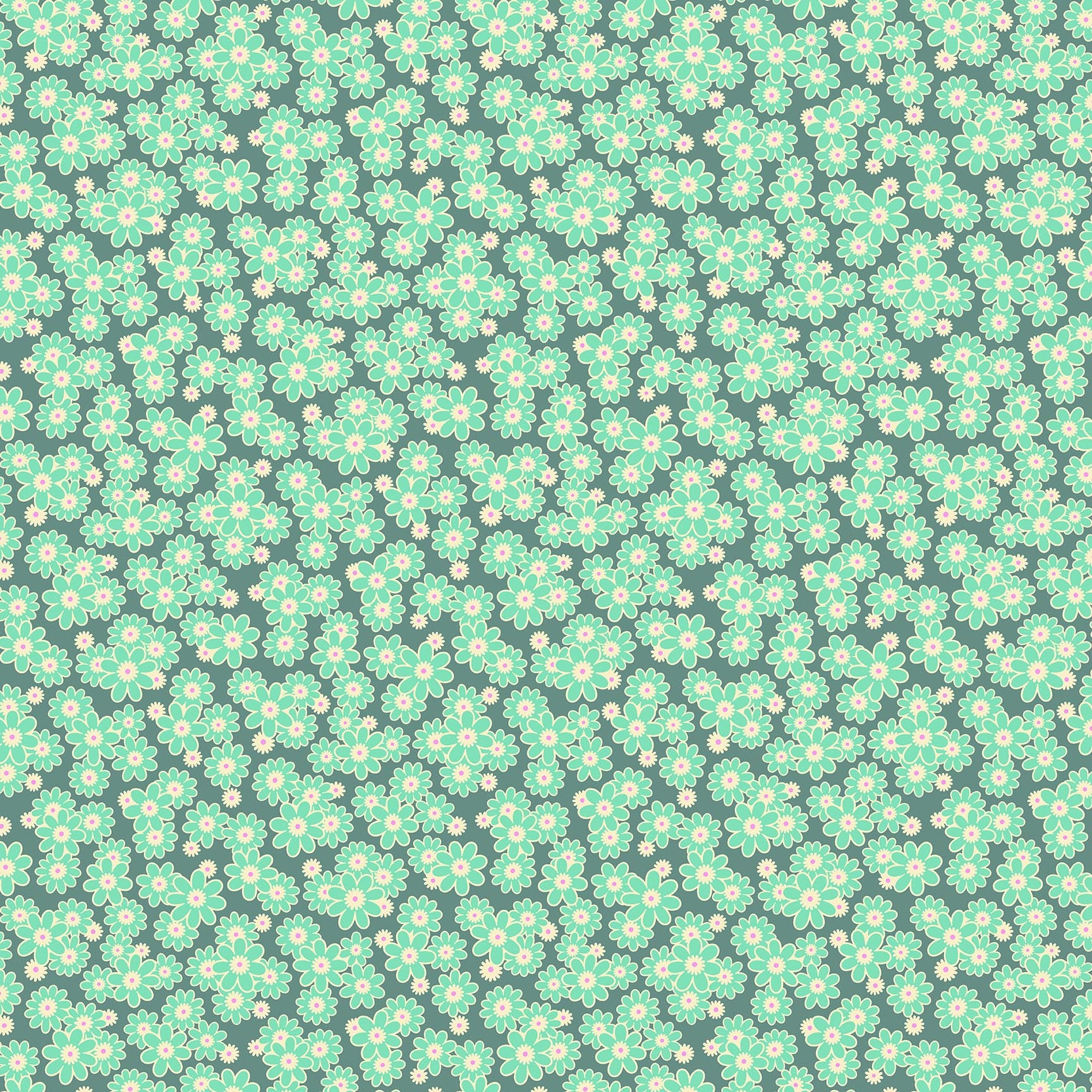Slate green fabric with dense clusters of mint and cream daisies featuring pink centers in a cheerful repeating floral pattern.