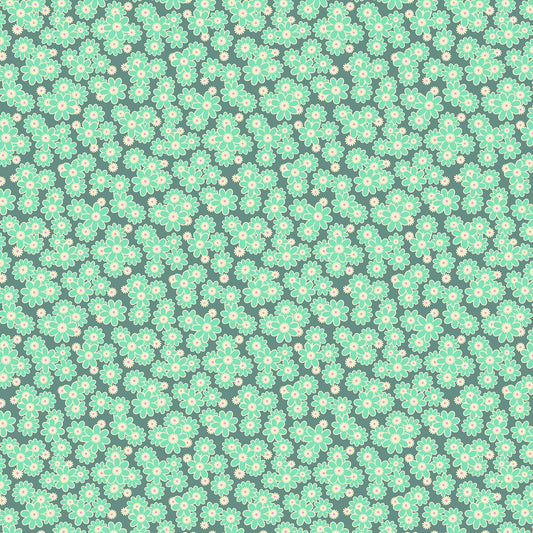 Slate green fabric with dense clusters of mint and cream daisies featuring pink centers in a cheerful repeating floral pattern.
