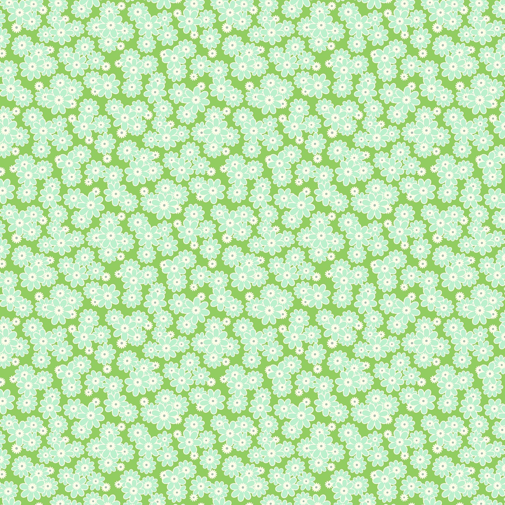Light green fabric with dense clusters of mint and white daisies featuring pale pink centers in a cheerful repeating floral pattern.