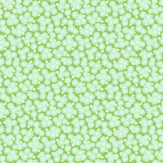 Light green fabric with dense clusters of mint and white daisies featuring pale pink centers in a cheerful repeating floral pattern.