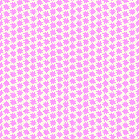 Cream fabric with repeating geometric star shapes in soft pink forming a playful, symmetrical pattern.