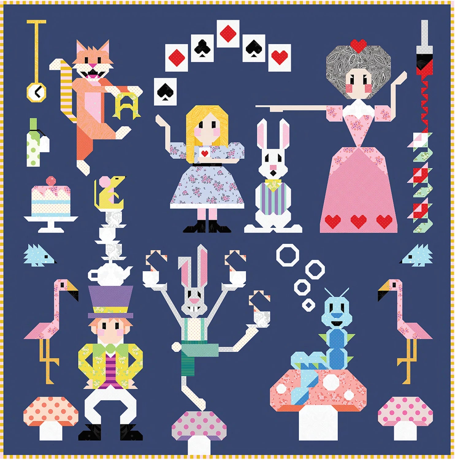 Illustrated pattern with characters from a fantasy or children's story on a blue background.