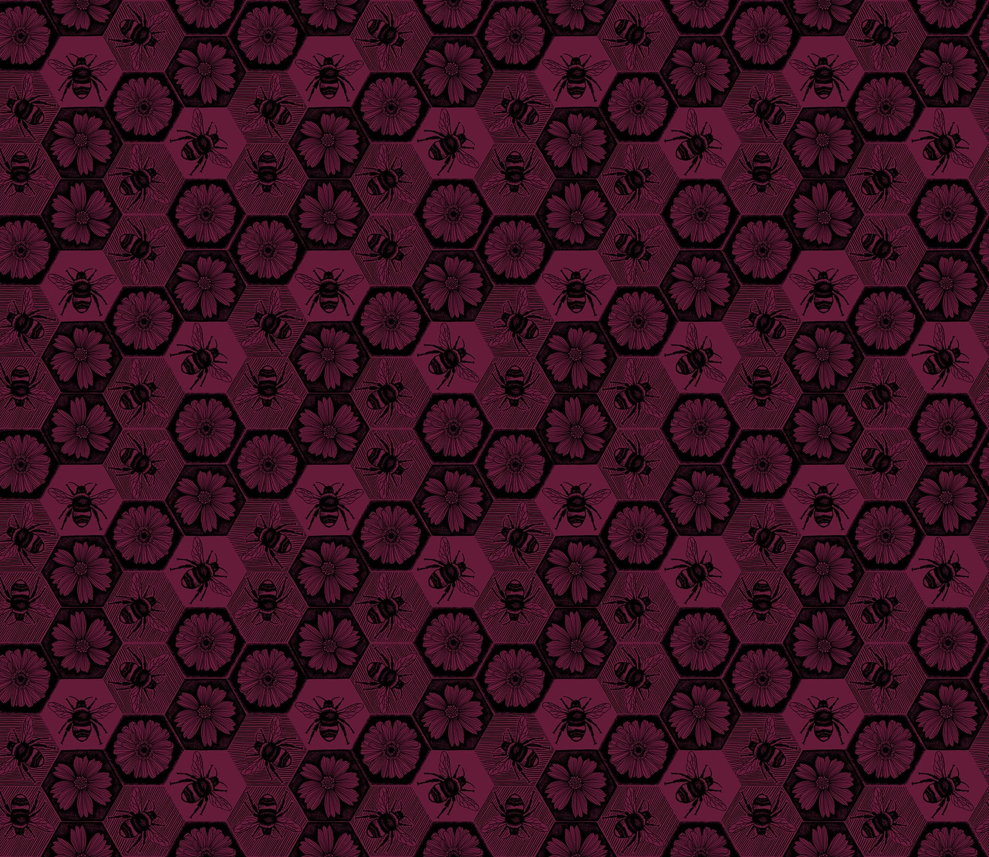 Pattern of hexagons and bees on a dark red background