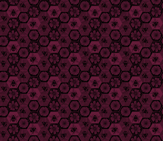 Pattern of hexagons and bees on a dark red background
