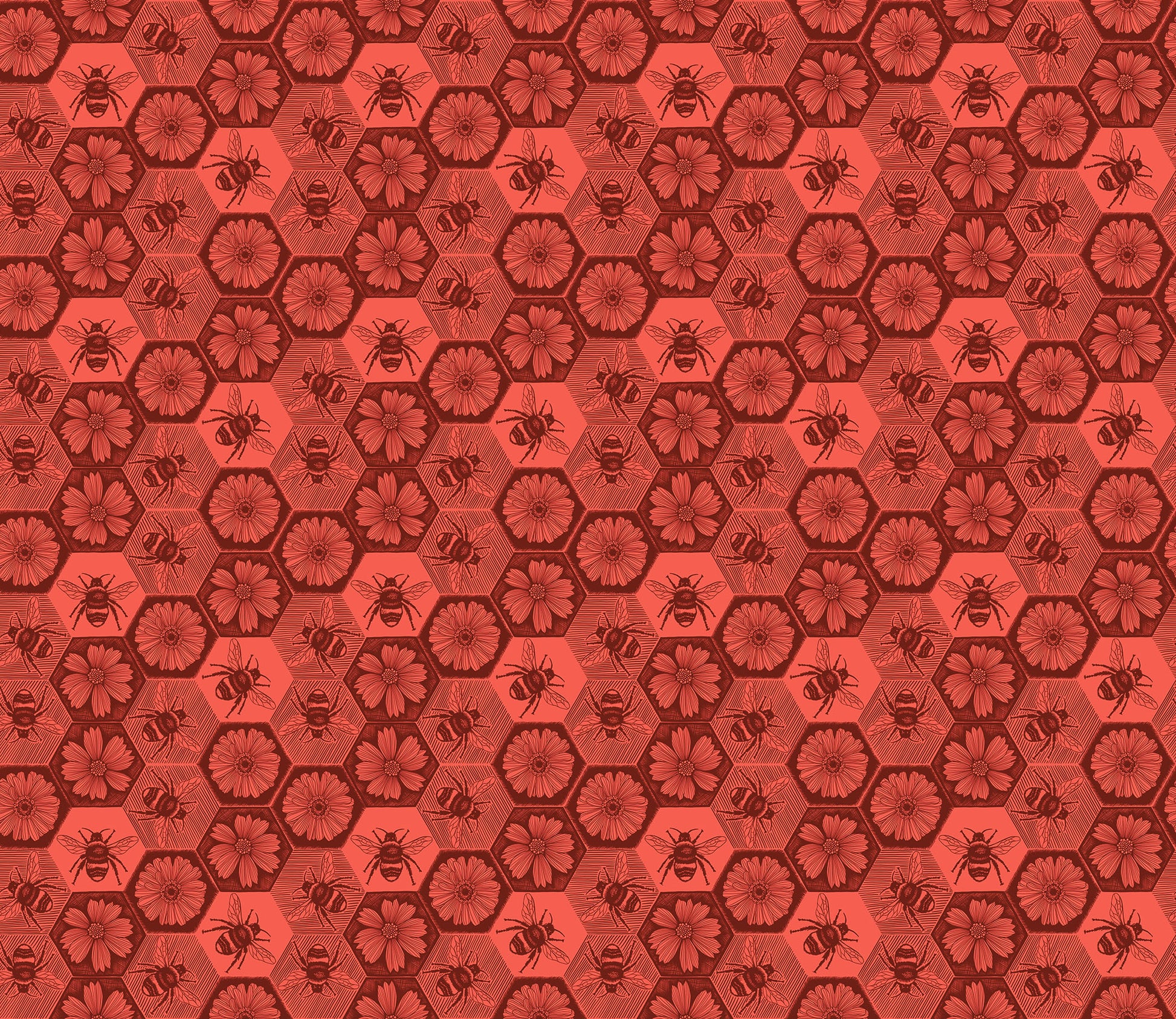 Hexagonal pattern with bees and flowers on a dark coral background
