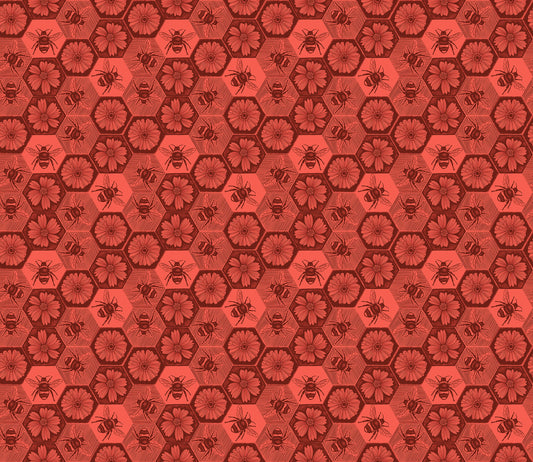 Hexagonal pattern with bees and flowers on a dark coral background