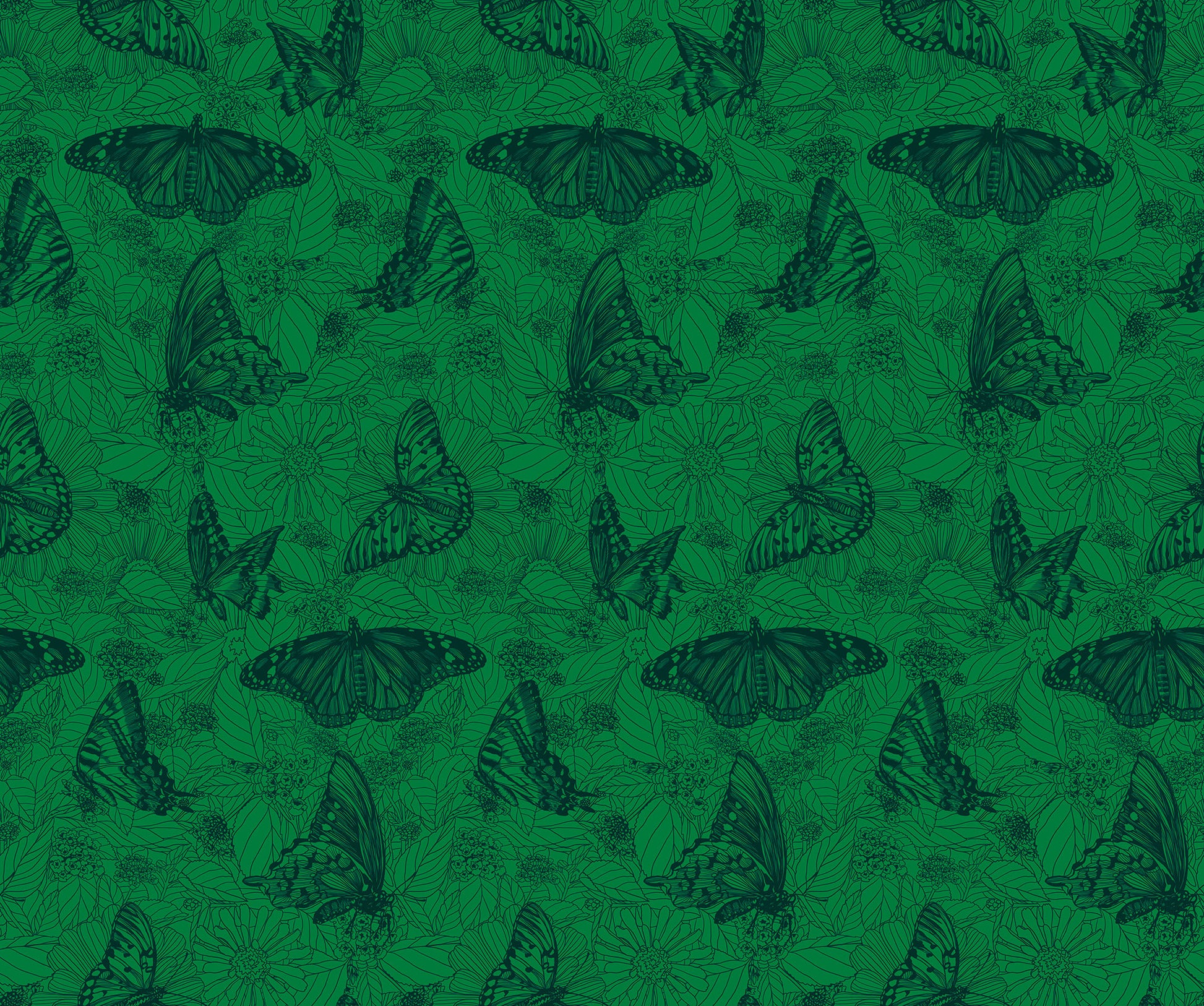 Pattern of butterflies on a green background