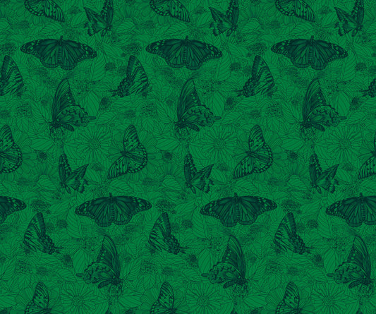 Pattern of butterflies on a green background