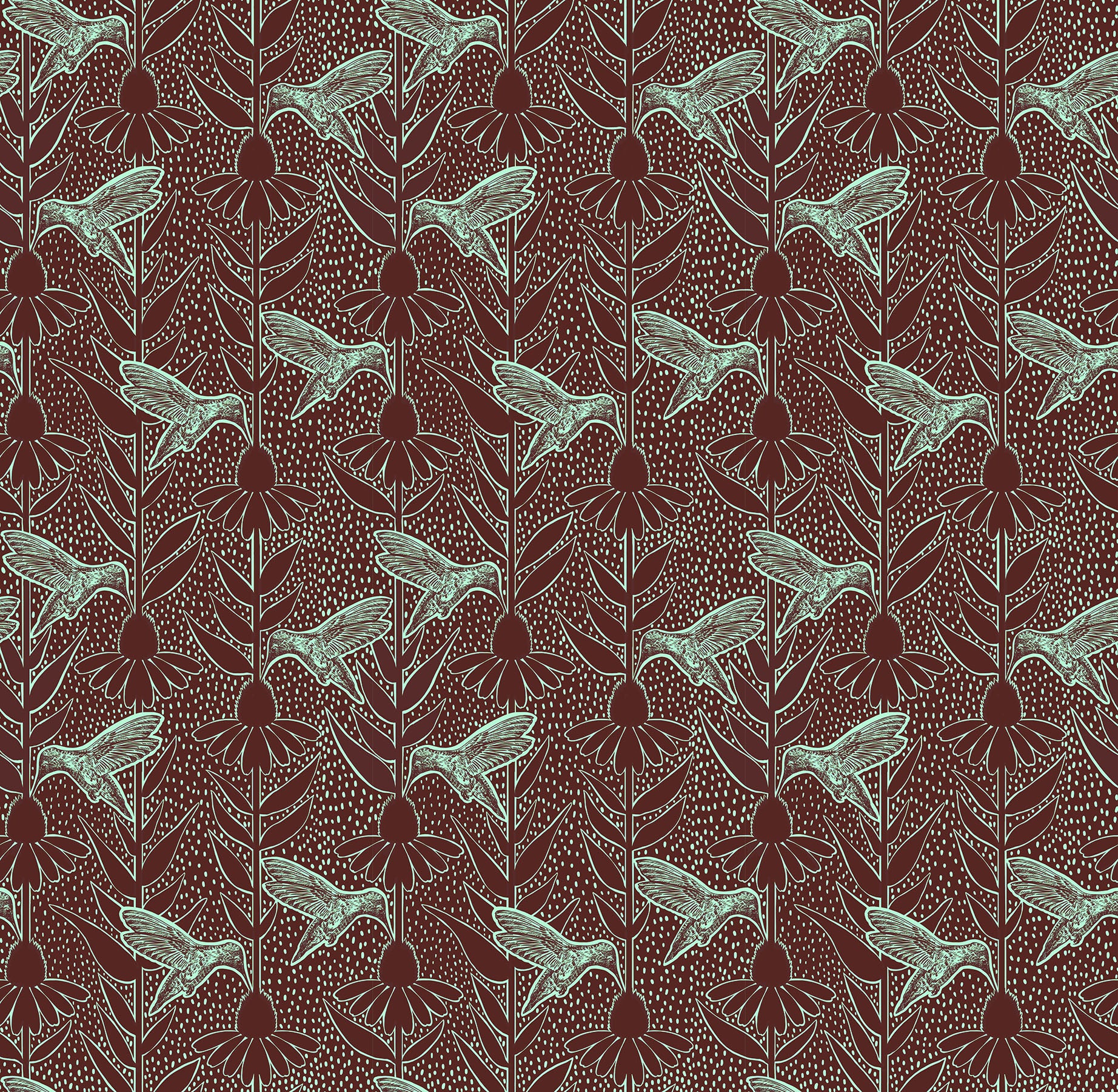 Patterned fabric with hummingbird and coneflower design on a dark background