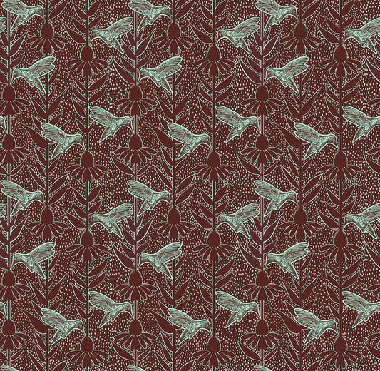 Patterned fabric with hummingbird and coneflower design on a dark background