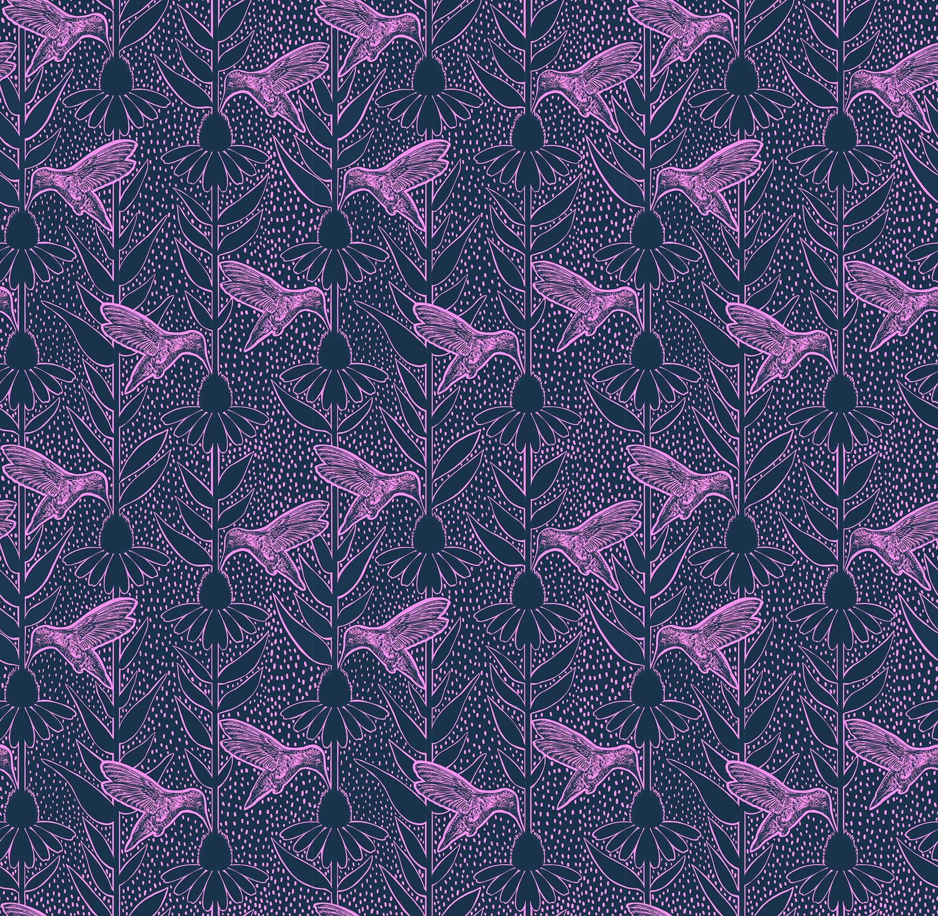 Pattern of purple hummingbirds and coneflowers on a dark blue background