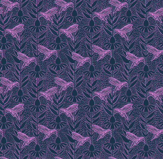 Pattern of purple hummingbirds and coneflowers on a dark blue background
