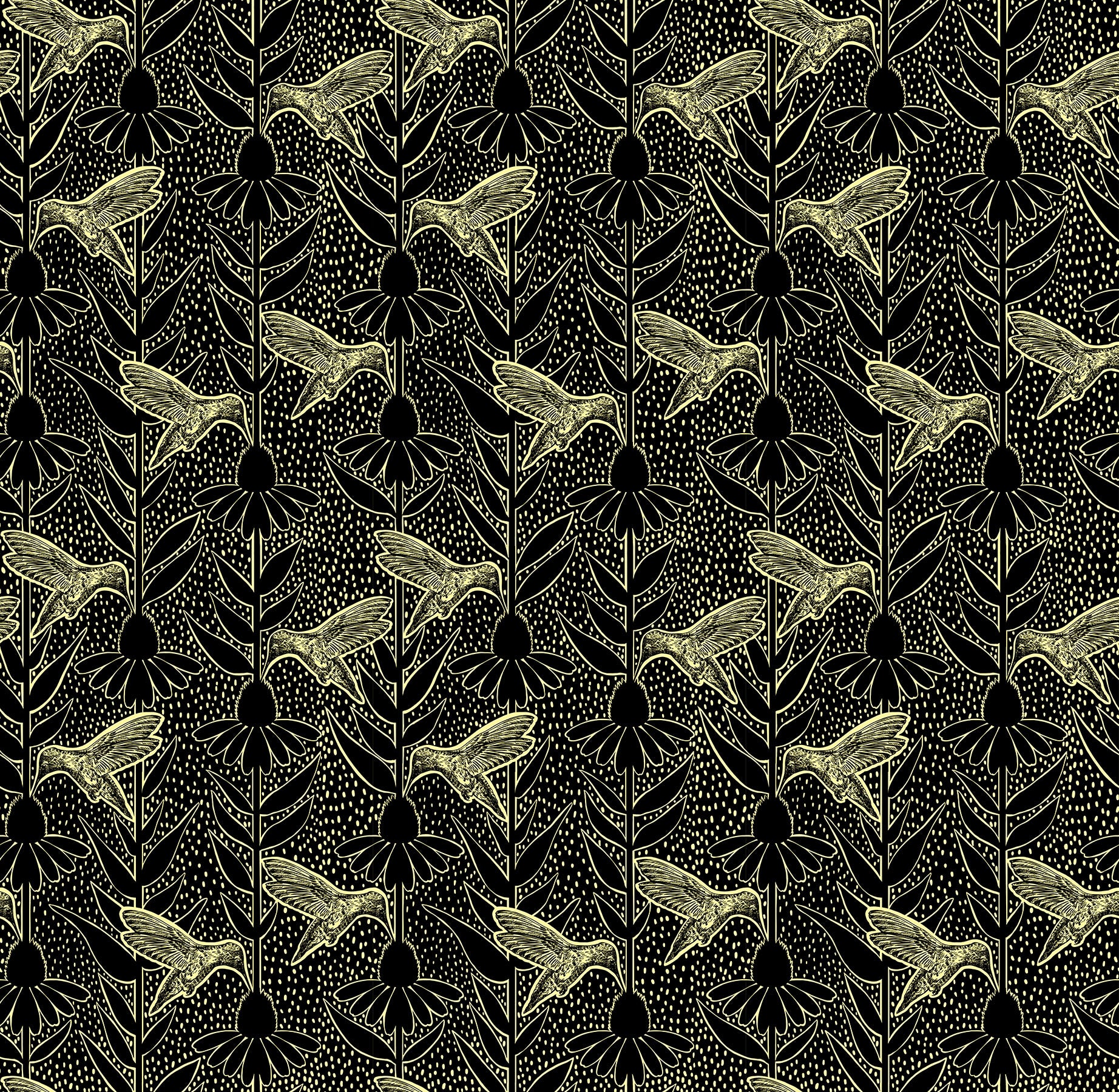 Pattern of hummingbirds and coneflowers on a black background 