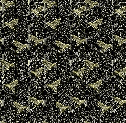 Pattern of hummingbirds and coneflowers on a black background 
