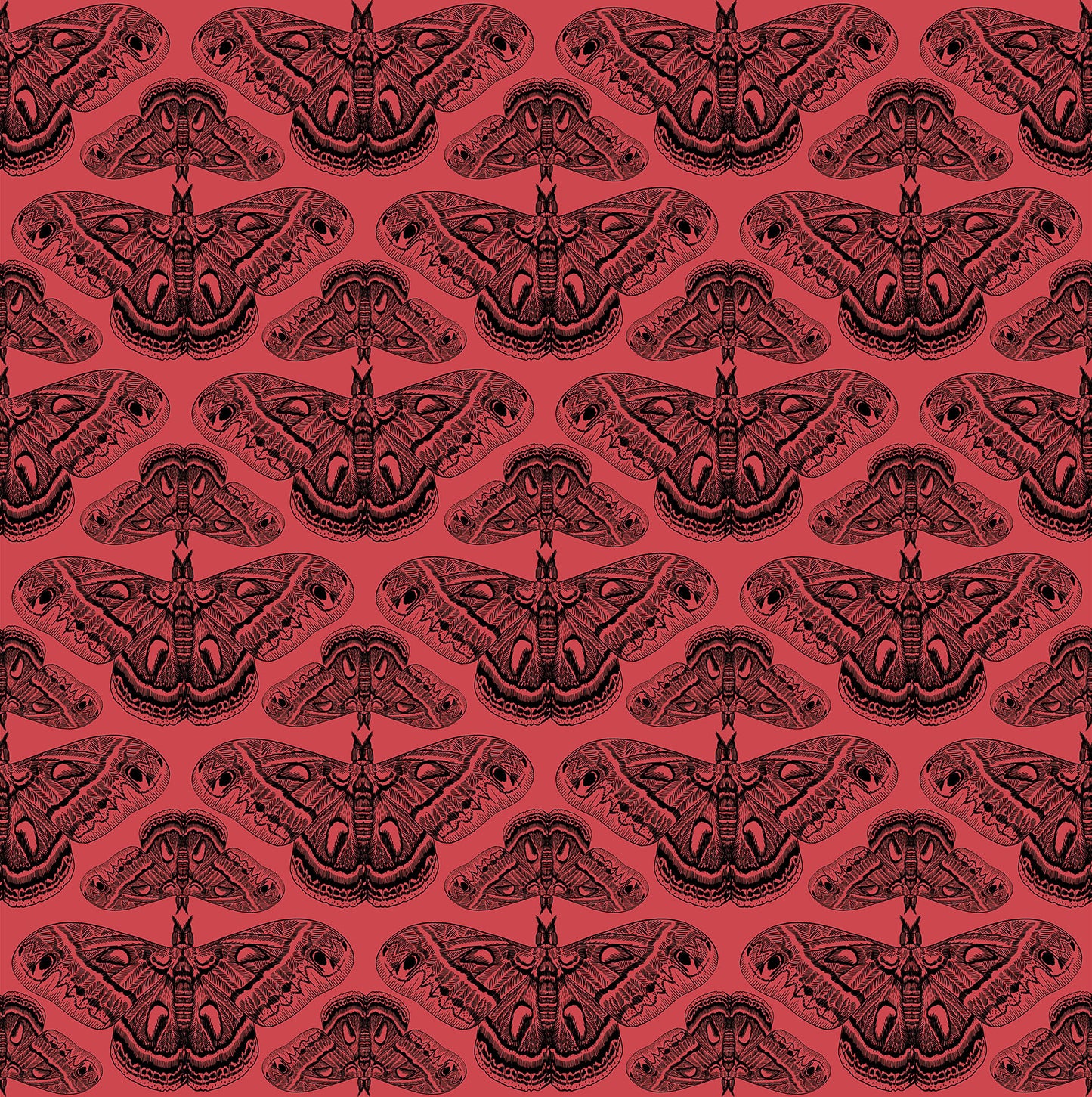 Pattern of black butterflies on a red background