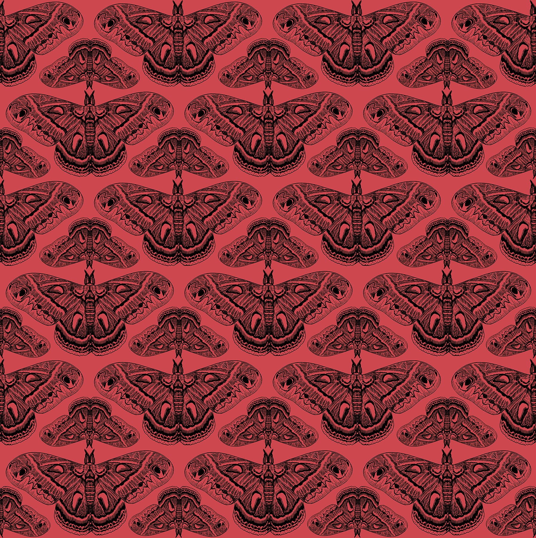 Pattern of black butterflies on a red background
