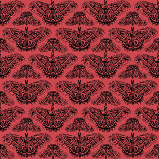 Pattern of black butterflies on a red background