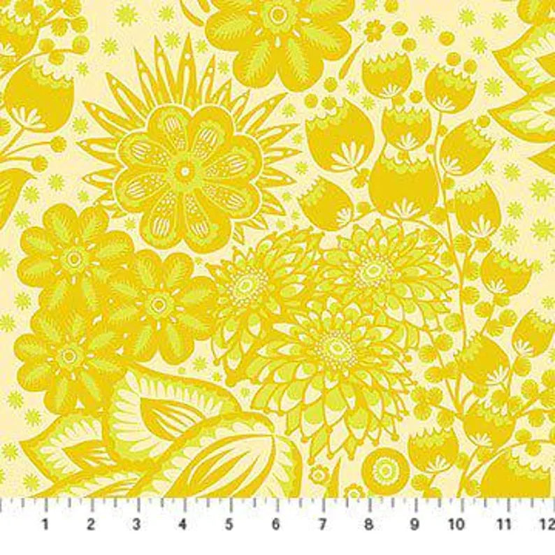 Overdressed Totem fabric in yellow by Anna Maria Textiles for Northcott Fabrics - 100% cotton quilting fabric featuring geometric totem print