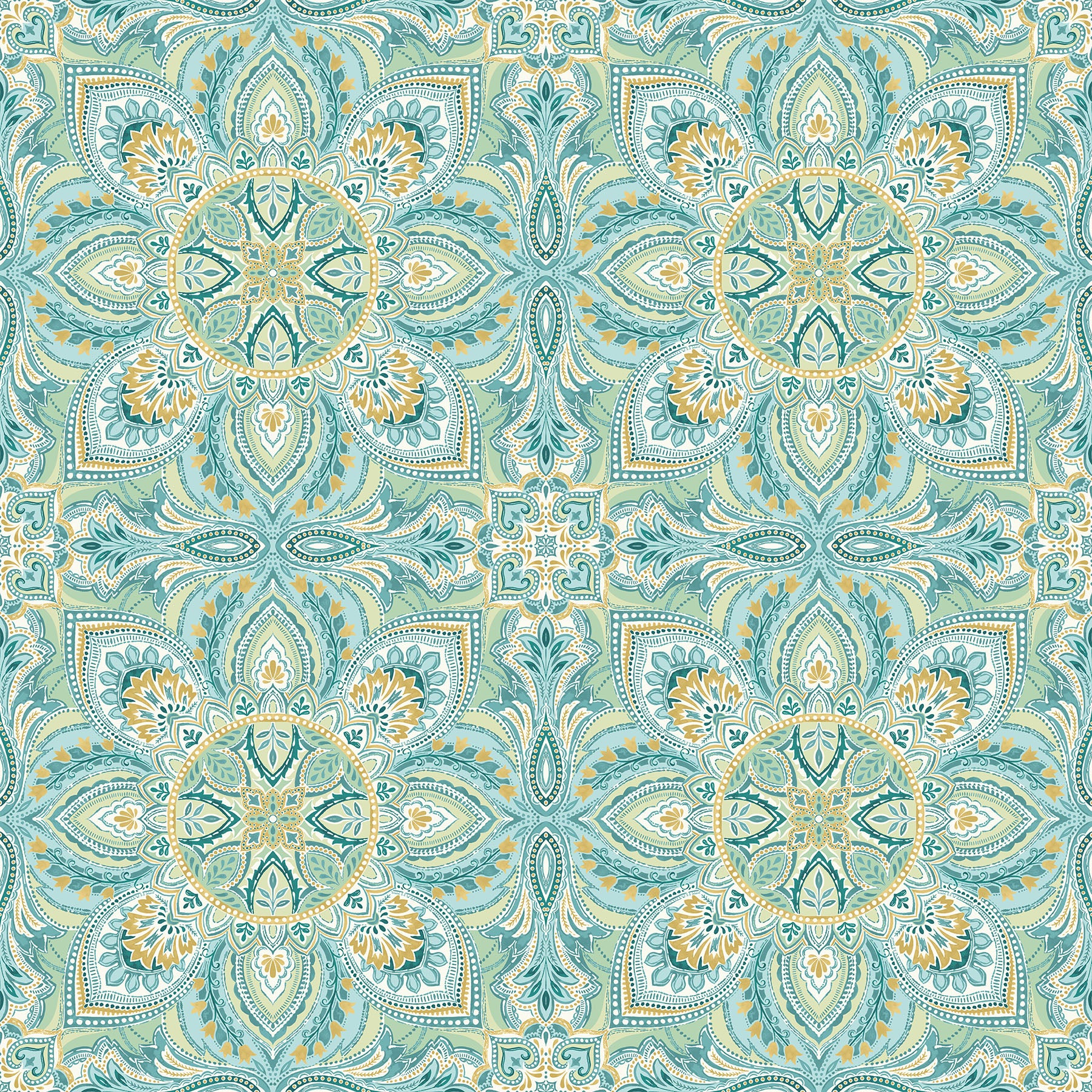 Patterned fabric with teal and yellow design