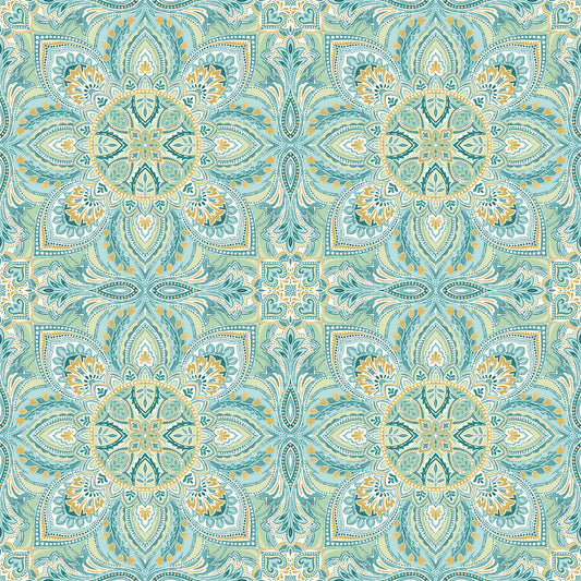 Patterned fabric with teal and yellow design