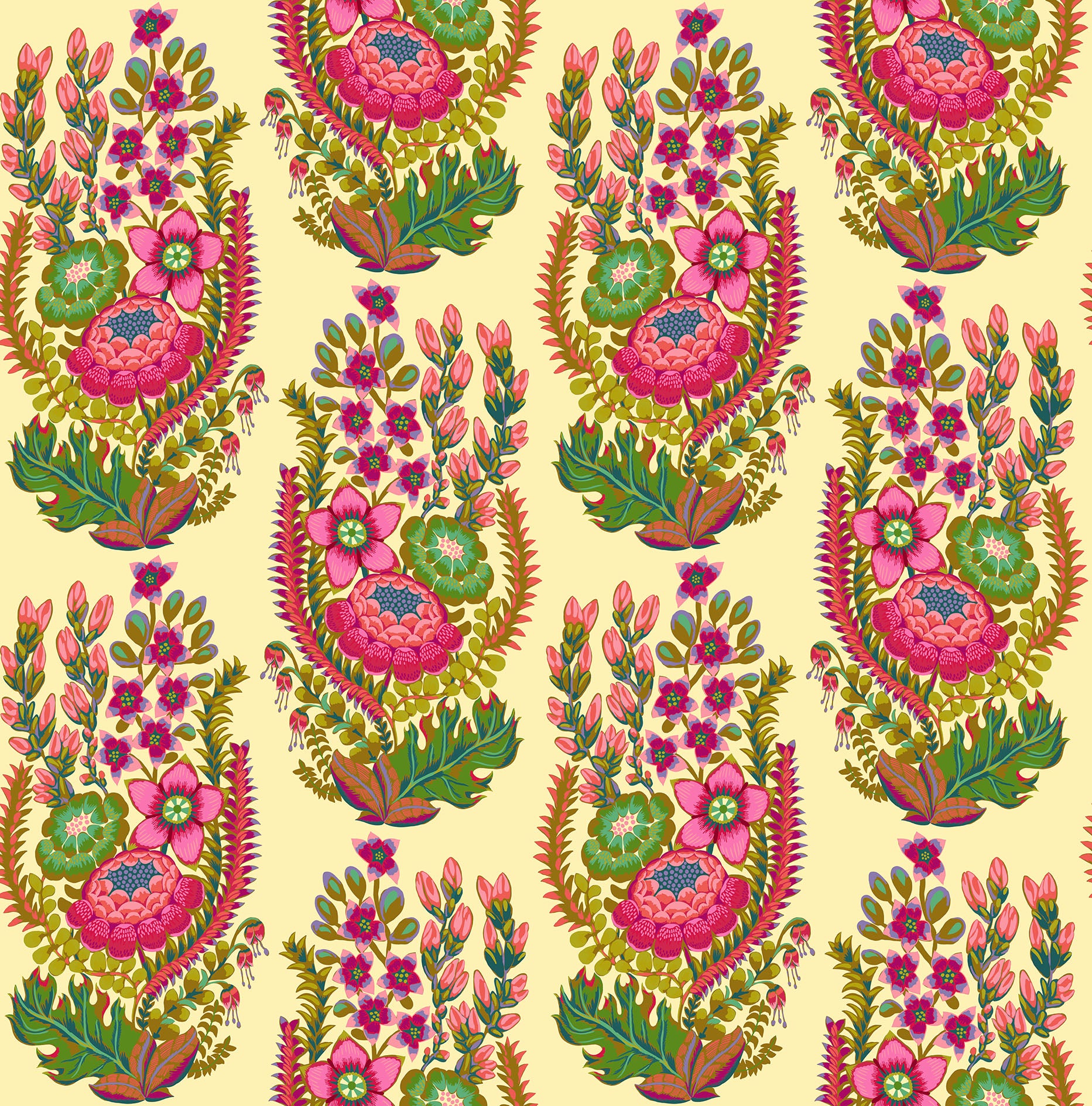 Colorful floral and leaf pattern on a beige background