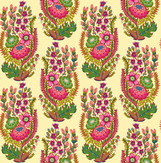 Colorful floral and leaf pattern on a beige background