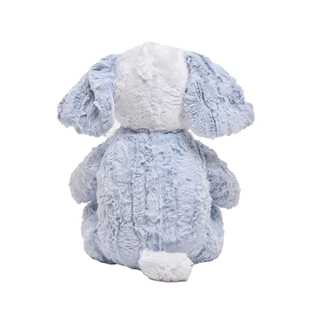 Back view of Barkley the Puppy in pale blue textured plush with floppy ears and a small white tail.
