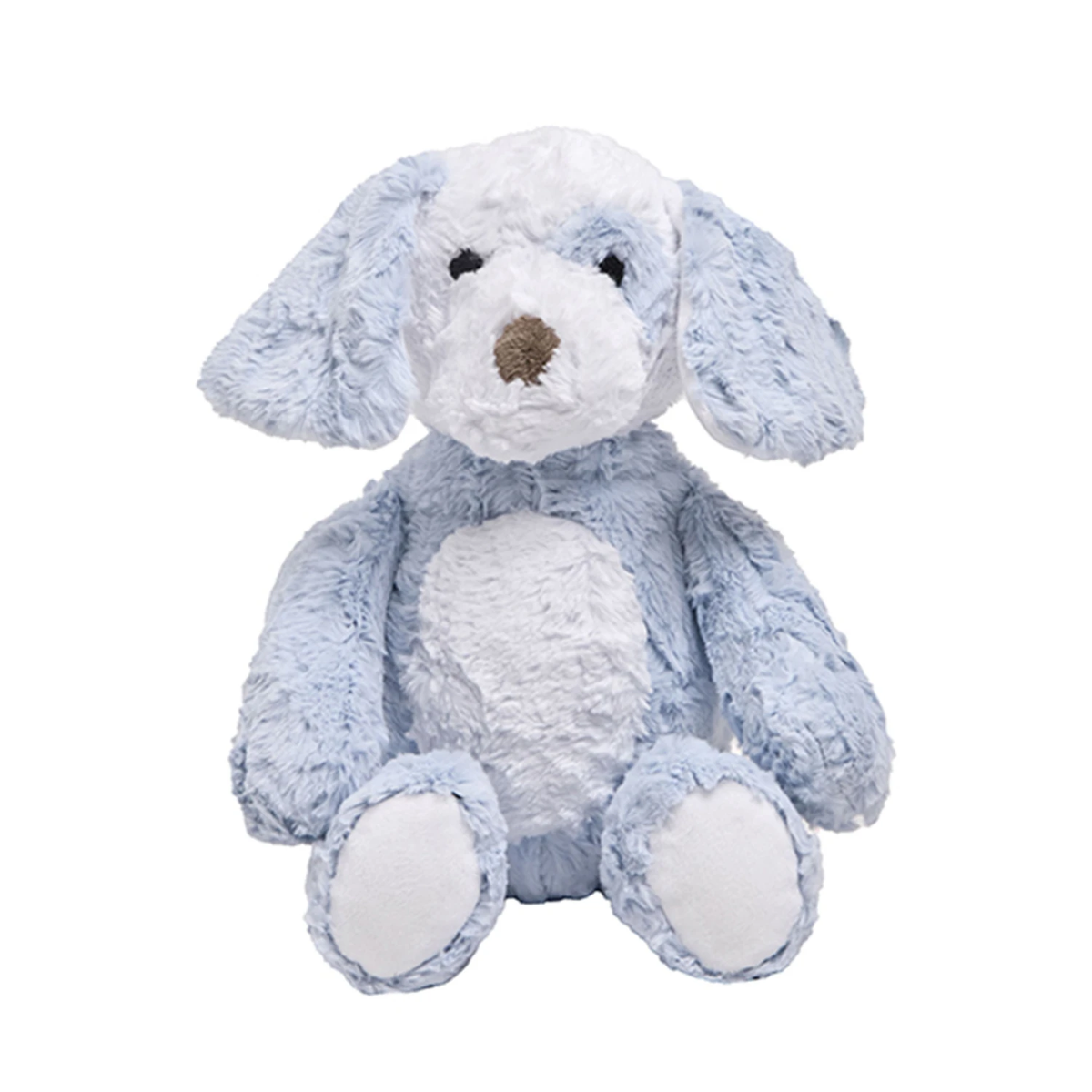 Front view of Barkley the Puppy in pale blue plush with floppy ears, a white tummy and paws, and a brown nose.
