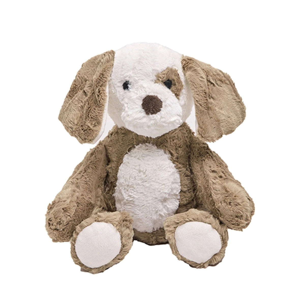 Front view of Barkley the Puppy in Cappucino brown plush with a brown eye patch, white tummy and white paws.
