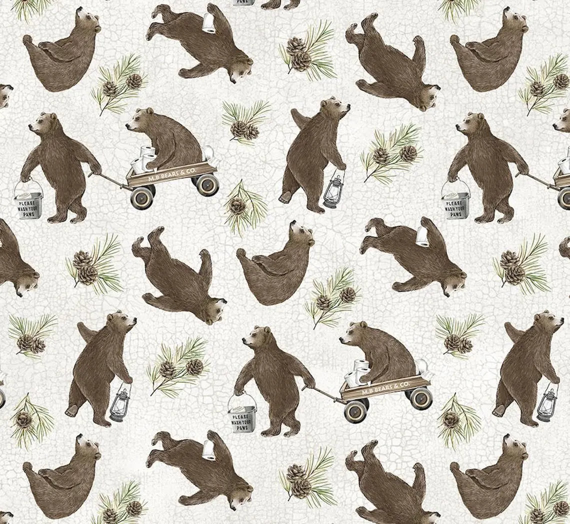 (Backing fabric): Bear Toss Cream backing fabric featuring woodland bear motifs by Deborah Edwards for Northcott