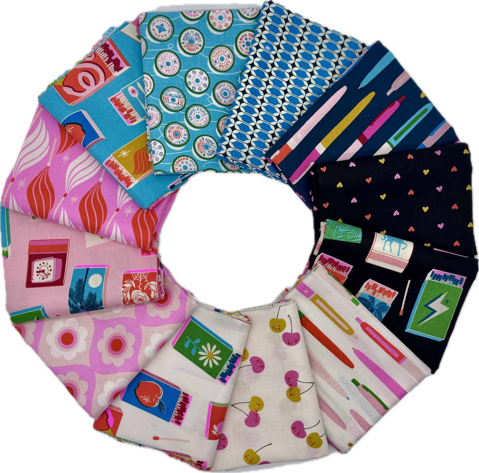 Trinketry fabric bundle by Melody Miller for Ruby Star Society - 12 half yard cuts featuring pens, matchmakers, hearts, and floral prints