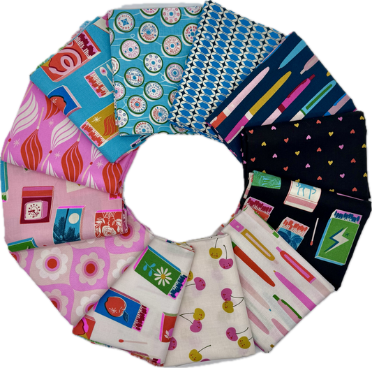 Trinketry fabric bundle by Melody Miller for Ruby Star Society - 12 half yard cuts featuring pens, matchmakers, hearts, and floral prints