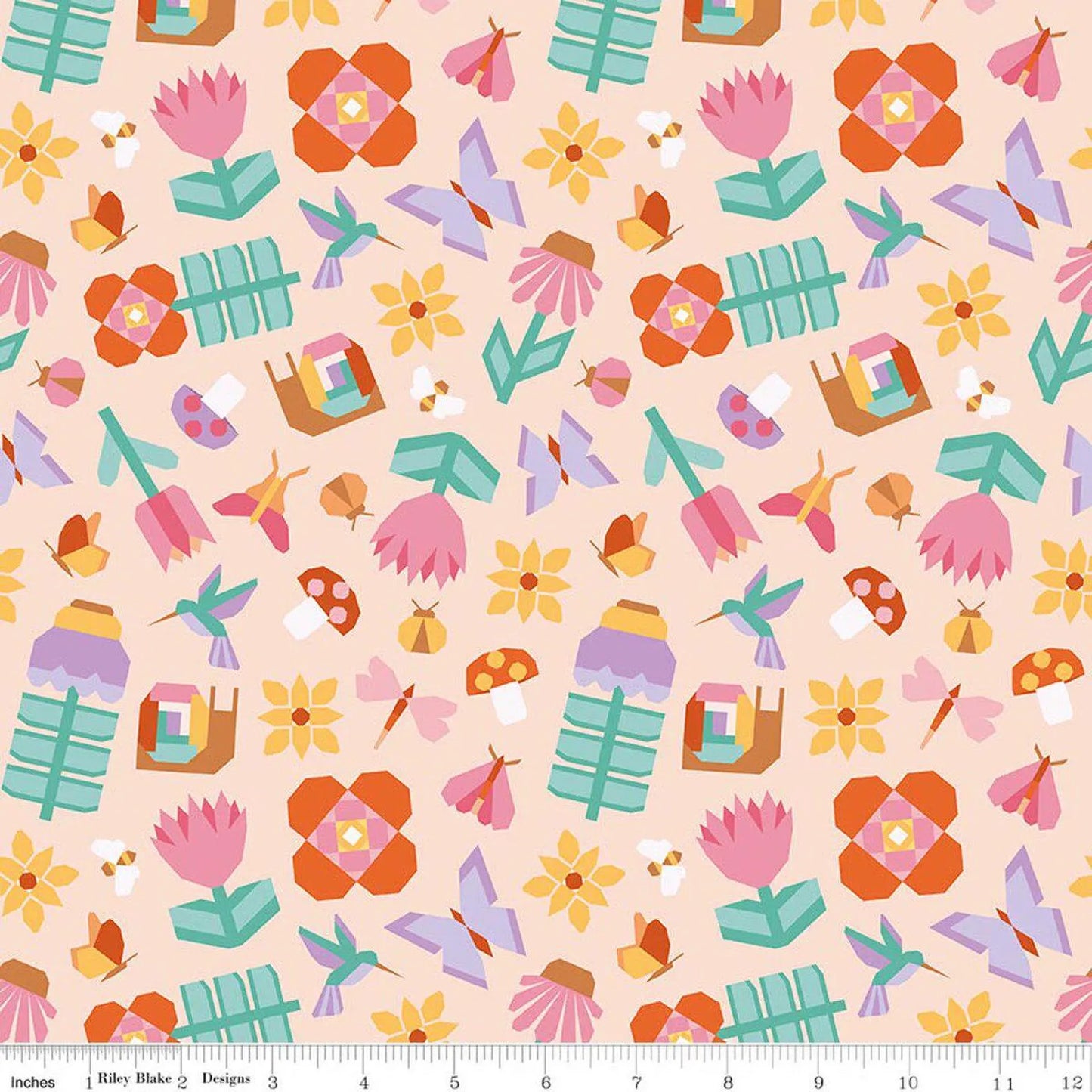 Main Peach: Patchwork Main Peach fabric featuring butterflies and sewing motifs on peachy pink background