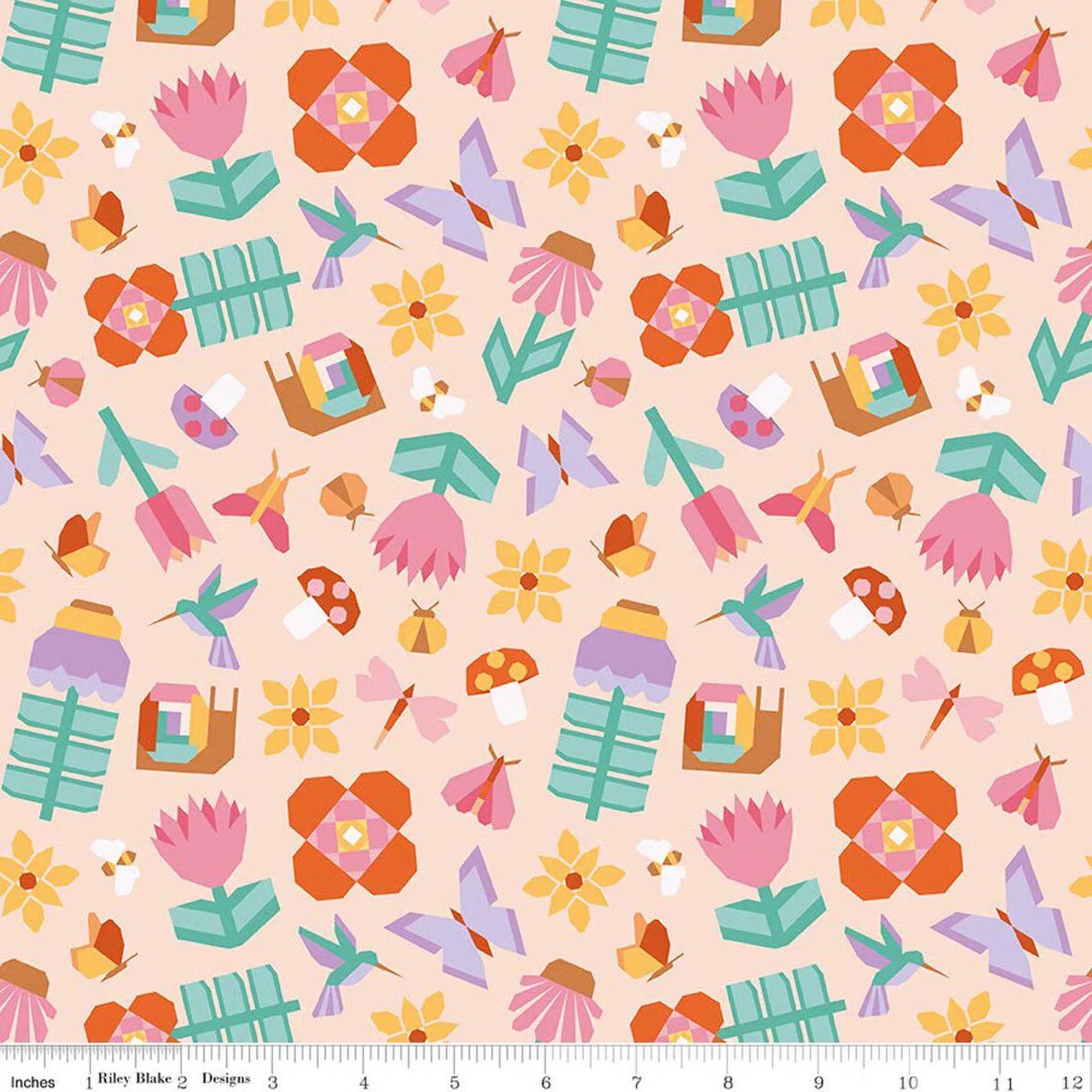 Main Peach: Patchwork Main Peach fabric featuring butterflies and sewing motifs on peachy pink background