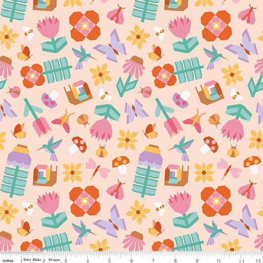 Main Peach: Patchwork Main Peach fabric featuring butterflies and sewing motifs on peachy pink background