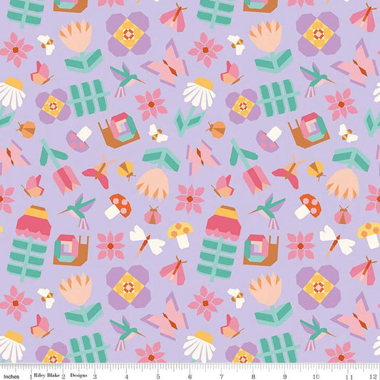 Main - Purple: Patchwork Main Purple fabric featuring butterflies and sewing motifs on purple background