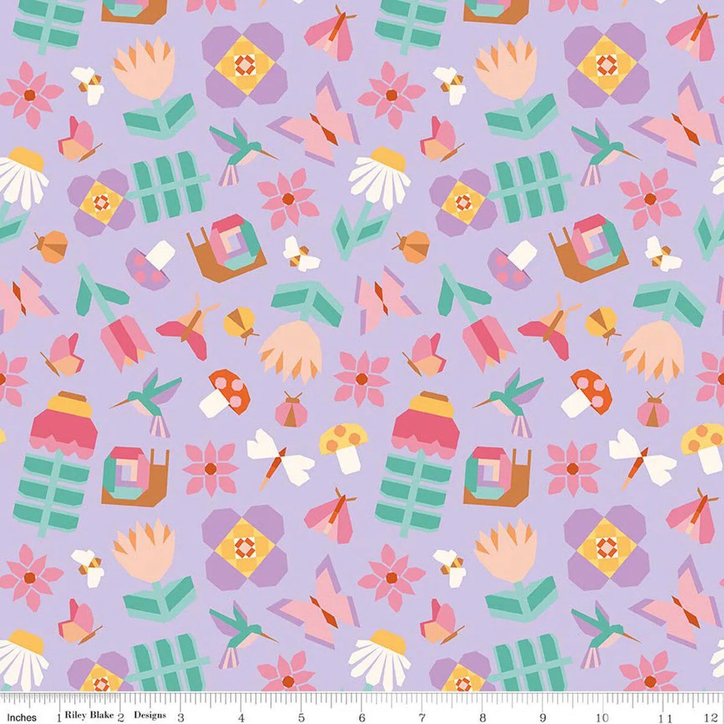 Patchwork Main Purple fabric featuring butterflies and sewing motifs on purple background