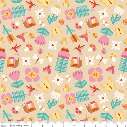 Main - Vanilla: Patchwork Main Vanilla fabric featuring butterflies and sewing motifs on cream background

