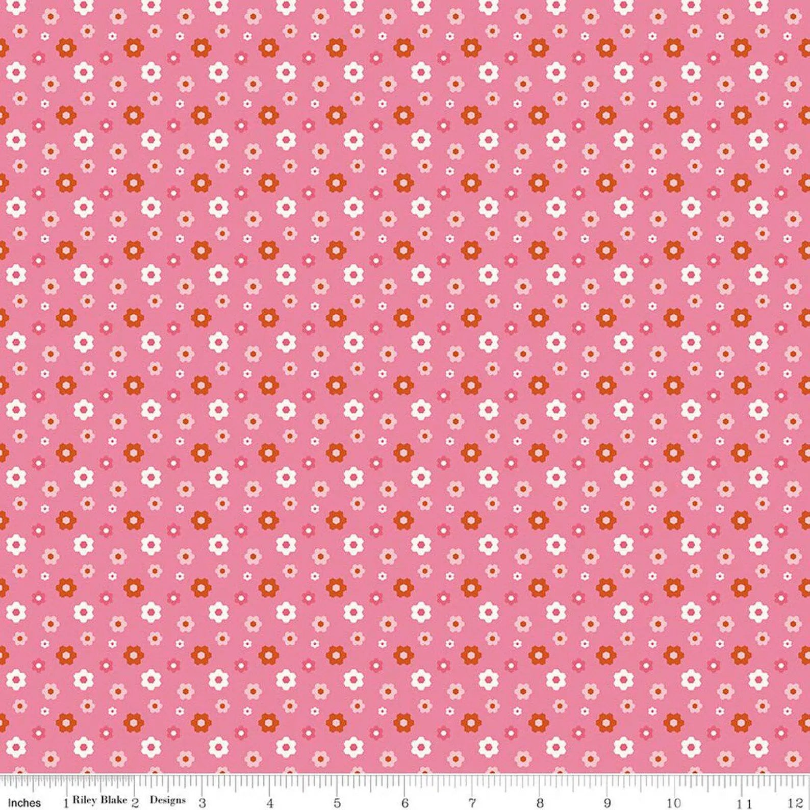 Patchwork Floral Pink fabric with petaled flowers and butterflies on pink background