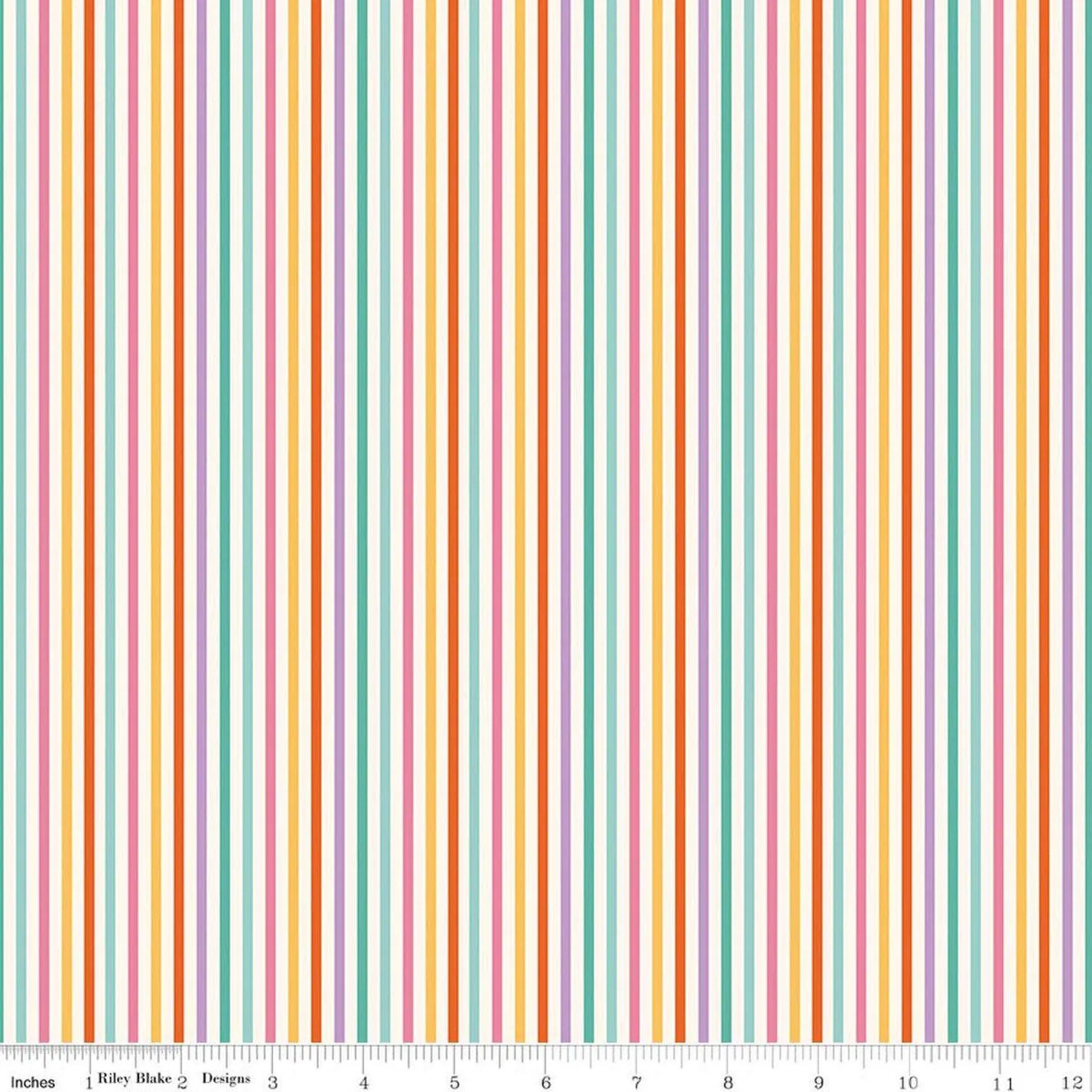 Stripes - Multi: Patchwork Stripes Multi fabric featuring colorful rainbow striped pattern on white background