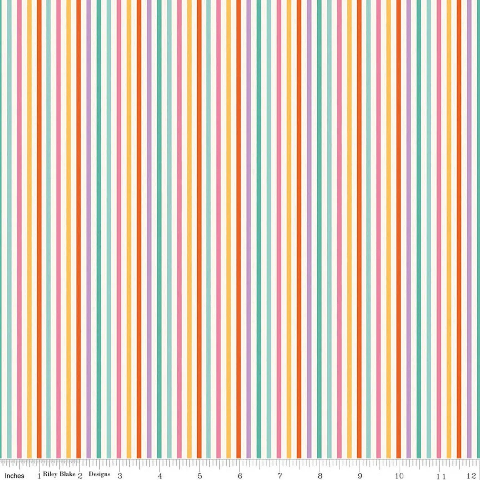 Stripes - Multi: Patchwork Stripes Multi fabric featuring colorful rainbow striped pattern on white background