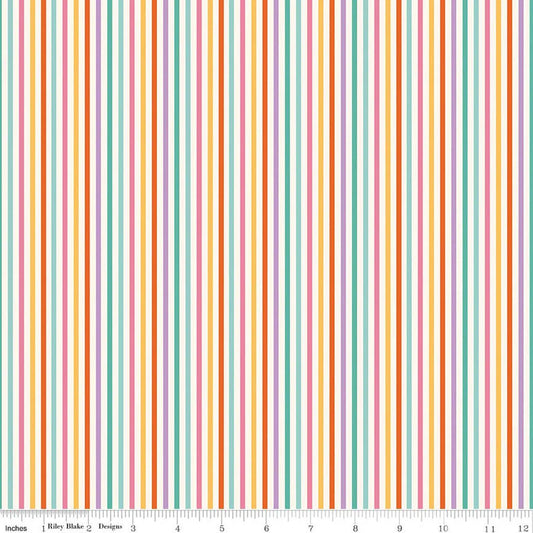 Stripes - Multi: Patchwork Stripes Multi fabric featuring colorful rainbow striped pattern on white background