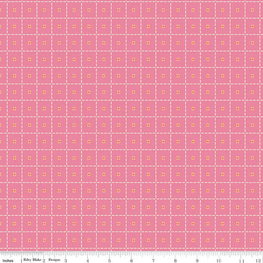 Stitches - Pink: Patchwork Stitches Pink fabric with quilting stitch motifs on pink background