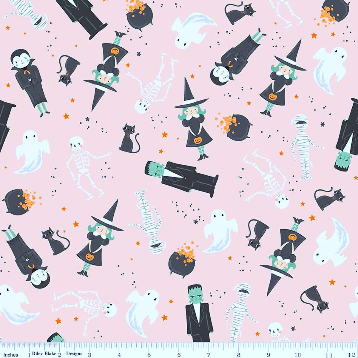 Halloween-themed fabric pattern with ghosts, witches, and pumpkins on a pink background.