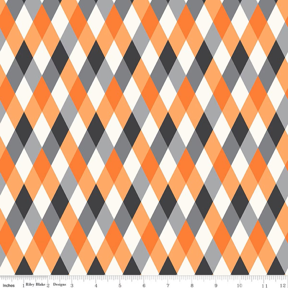 Fabric with orange, gray, and black diamond pattern on a white background
