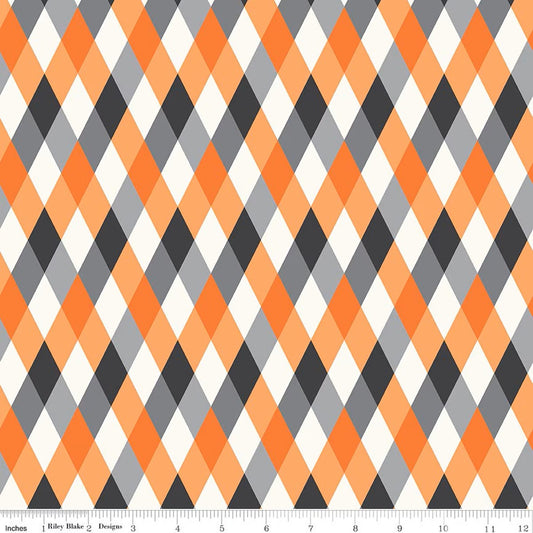 Fabric with orange, gray, and black diamond pattern on a white background
